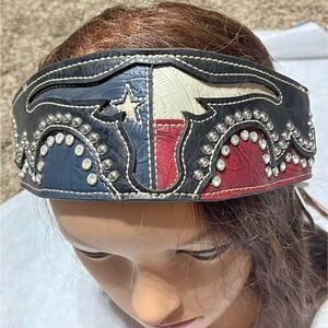 Western/ Motorcycle/ cowgirl Leather Headband Texas Flag Design NWT Montana west
